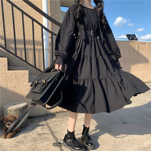In Stock European and American autumn and winter long sleeve high waist black female student sweet cute waist pleated A- line skirt dress
