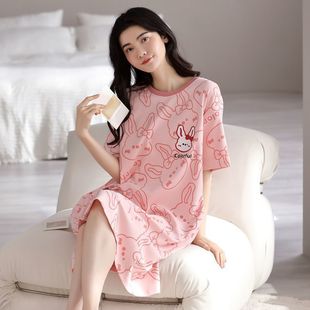 Women's Summer Short-sleeved Pajamas with Chest Pad Korean Style Student Cute Pajamas Women's Thin Outer Wearing Mid-length Home Clothes