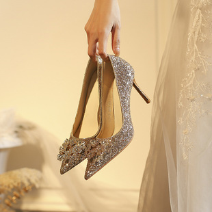 829-6 New Champagne Gold Crystal Wedding Shoes Women's Xiuhe Wedding Dress Two Bridesmaid Bride Shoes High Heels Engagement Shoes