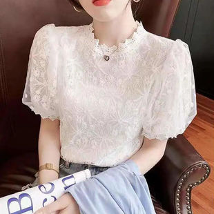 White Short-sleeved Shirt/Nylon Flying Sleeve 2022 Summer New Chic Embroidered Top Women's Base Shirt