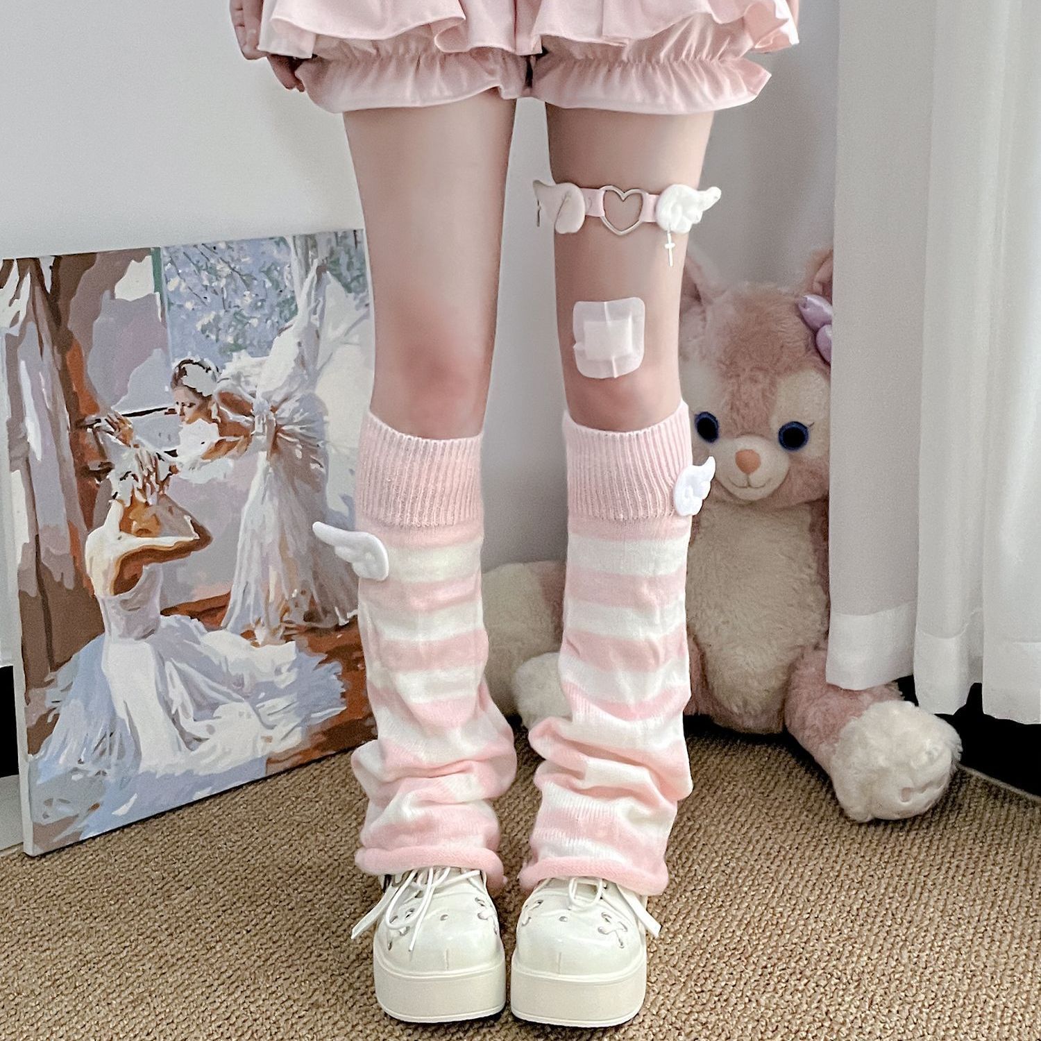 Original Blue and White Angel Wings Subculture Y2K Leg Warmers Cute Knitted Flared Wide-Leg Slouch Socks Jk Japanese Style