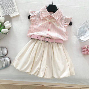 2025 Korean Niche Striped Short-sleeved Shirt suit Small Flying Sleeve Top Flower Bud Wide-leg Pants New Two-piece Set