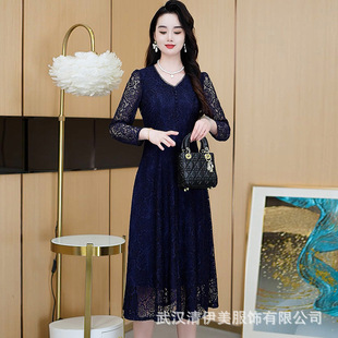 Printed Hollow-Out Lace Dress Mid-Length Slim-Fit Slimming dress 2025 Spring V-Neck Long-Sleeved Interior A- Line Dress