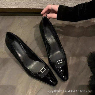 Pu Caiying same style 2023 Shengjia square diamond buckle square toe black high heel single-layer shoes women's sexy European and American style factory direct sales
