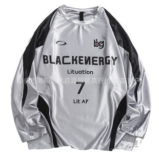 European and American-style vintage jersey stitching contrast color letter printed top silver hip-hop trendy sports casual sweater