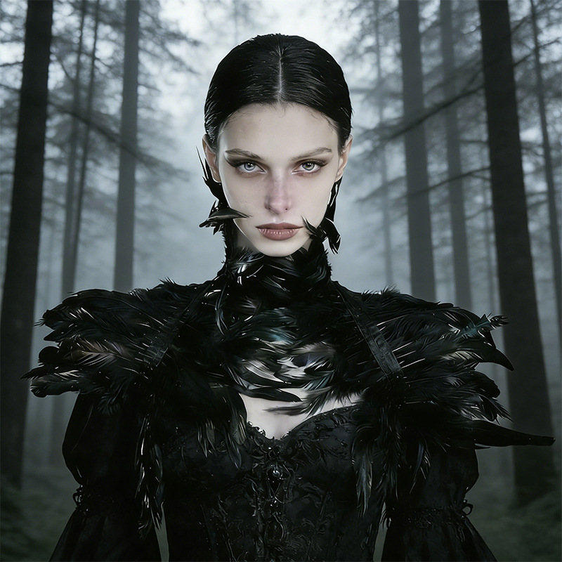 Cross-Border Gothic Style Feather Cape Halloween Ball Performance Fake Collar Neck Scarf Dark Style Role-Playing Props