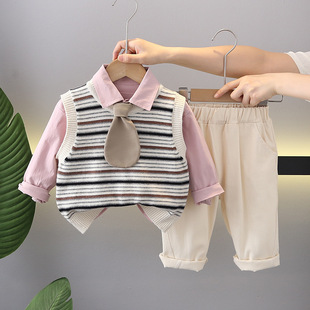 Five small seven children's clothing 2024 spring and autumn new 0-4 years old boys and girls solid color tie sweater vest shirt 3 suit