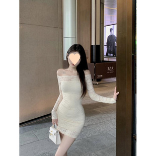 One-Shoulder Elegant Chic Beautiful dress Women's 2024 Summer Pure Desire Hollow Lace Hip Skirt Slim-Fit Skirt