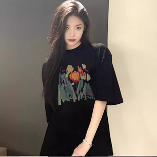 Pure Cotton Black Short-sleeved T-shirt Women's 2024 New Summer American Style Retro High Street Loose Niche Design Sense Top T
