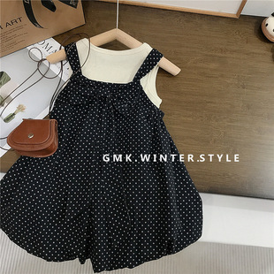 Girls Korean super cute suspenders suit summer new children's baby cute one-piece wave point pants two-piece foreign trade