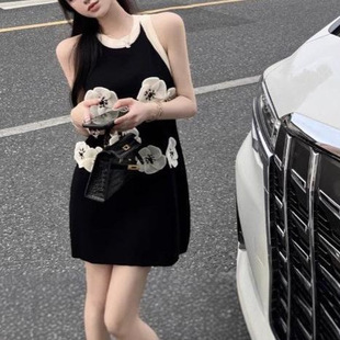 French Style Black Chanel Style dress Women's Summer Women's Clothing Design Sense Niche Flower Fashion Sleeveless Vestibute Dress