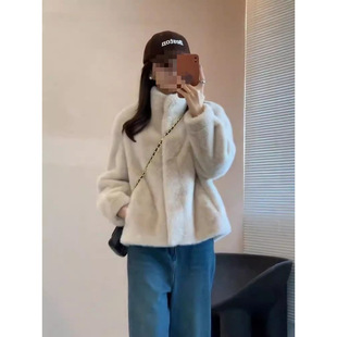Mink velvet fur one-piece stand collar fur coat women's young mink short 2024 winter environmental protection leather