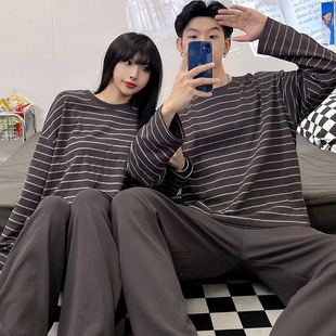 Korean Striped Couple Pajamas Long-sleeved Trousers for Men and Women Spring and Autumn Cotton Striped Plus Size Home Suit