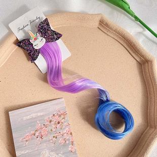 Cross border children Bow wig hair clip unicorn color long curly hair cute girl party headdress woven hair accessories