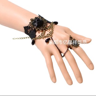 Cross-border European and American Black Lace Bracelet with Ring Vintage Halloween Bracelet Flower Pearl Bridal Bracelet