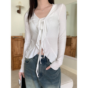 Sweet wooden ear long-sleeved T-shirt women's spring and summer design sense slim slimming pure desire style lace-up top cardigan