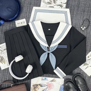 Factory in stock Straight Hair JK Uniform Japanese College Style Sailor Suit Black Body White Collar Blue Three Intermediate Suit Class Suit Female