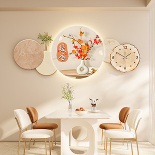 Cream silent style restaurant decorative painting with clock abstract flower mural stone running sandstone background wall hanging painting