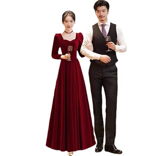 Bride wine red toast clothing usually can wear women's winter dress velvet 2024 new door engagement dress