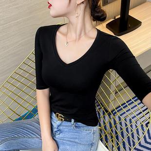 Black V-Neck Mid-Sleeve T-Shirt Women's 2025 New Summer Low Collar Half-Sleeve Pure Cotton Tight Base Shirt Top Trendy