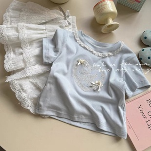 Cream Short-sleeved T-shirt Girl's Loose Printed Round Neck Top Summer 2025 New Western Style Children's Half-sleeved Base