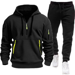 2024 men's autumn and winter new fleece-lined multi-pocket zipper sweater suit personalized casual hoodie two-piece set