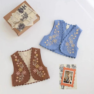 2025apo Spring and Summer New Girls Girls Sweet European and American Style Cotton Linen Heavy Embroidery Vest NY
