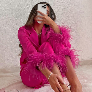 Spring and Summer European and American Fashion Ins Ostrich Feather Pajamas Set 2024 Imitation Silk Ice Silk Women's Home Clothes