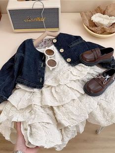 Girls' Sling Skirt Set 2024 New Style Denim Jacket Stylish Sling Dress Princess Skirt Cake Skirt