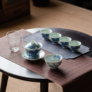 Antique Ceramic Blue and Flower Sancai Gai Bowl Kung Fu Tea Set suit High-grade Gai Bowl Tea Cup Complete Set of Chinese Gift Box for Gifts