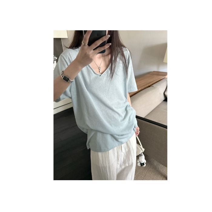 [공장 재고 있음] 여름 디자인 컬링 솔리드 컬러 다용도 탑 여성용 심플 루즈 브이넥 반팔 티셔츠
