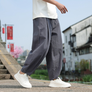 2024 Summer New Chinese Style Men's Cotton Linen Loose Cropped Bloomers Cotton Linen Carrot Pants Harlan Pants