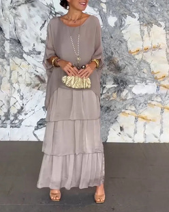 Amazon Independent Station Popular Cross-border Export Women's European and American Fashion Women's Elegant Round Neck Bat Sleeve Long Skirt