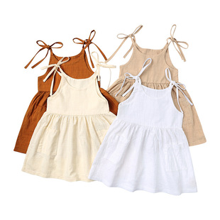 Children's Clothing European and American Girls Summer Solid Color Cotton Linen 2 Side Pocket Sling Dress Lace-up Children's Sling Dress