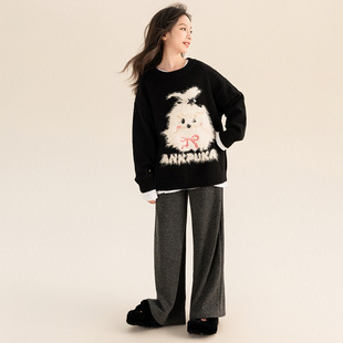 Girl's Cartoon Sweater Korean Style suit Spring and Autumn Dress Girl's Western Style Casual Wide Leg Pants Fashionable Two-Piece Set