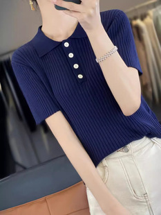 Shake the sound fast hand generation 2024 summer new navy blue pit short polo collar Tencel short sleeve women's blue