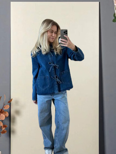 2024 Cross-border Women's Spring and Autumn New Lapel All-match Bow Pocket Washed Denim Long-sleeved Shirt Jacket