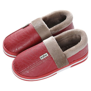 Men's cotton slippers with heel home couple indoor PU leather non-slip fleece-lined all-inclusive heel cotton shoes women's winter outdoor wear