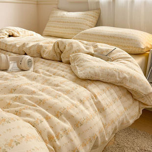 Small fresh cotton double-layer yarn bed four-piece set 100 cotton 2025 new bedding quilt cover sheet three-piece set 3