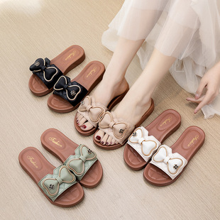 New Style Cyber Celebrity Bow Sandals Ladies Summer Wear One-Word Shops Casual Non-Slip Beach Shoes Flat Thick Slippers