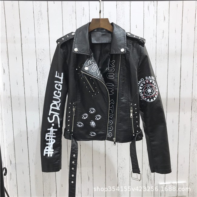 2025 New Spring Jacket Leather Jacket Women's Pu Rivet Zipper Epaulettes 3D Print Motorcycle Street Wear