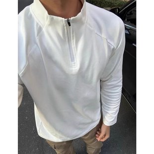 American Style Casual Retro Solid Color Half Zipper Base Shirt Trendy Brand Men's and Women's Loose Riding Collar Long-sleeved T-shirt White