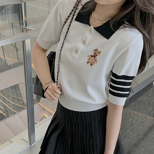 TB High Version College-style Hollow-out Bear Jacquard Top Polo Shirt Tight Waist Slimming Short-sleeved Ice Silk Knitted Shirt for Women