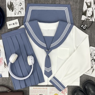Original JK uniform suit blue collar white three sailor uniform academic style middle service class uniform sweet girl spring and summer school uniform
