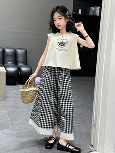 Girls' Big Children's Plaid Lic Skirt Trousers Set 2025 Summer New Girl's Styline Printed Short-sleeved T-shirt Two-piece Set