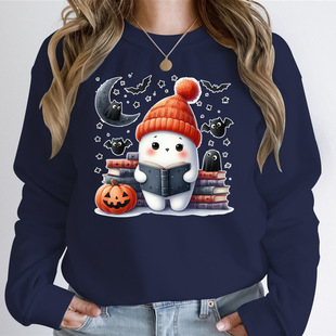 Women's Halloween Hoodless Sweatshirts Funny Books Ghost Gra