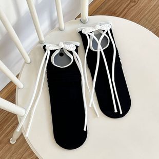 ins style little red book Same style black and white simple buckle ribbon drop feeling calf socks solid color mid-calf length socks slimming