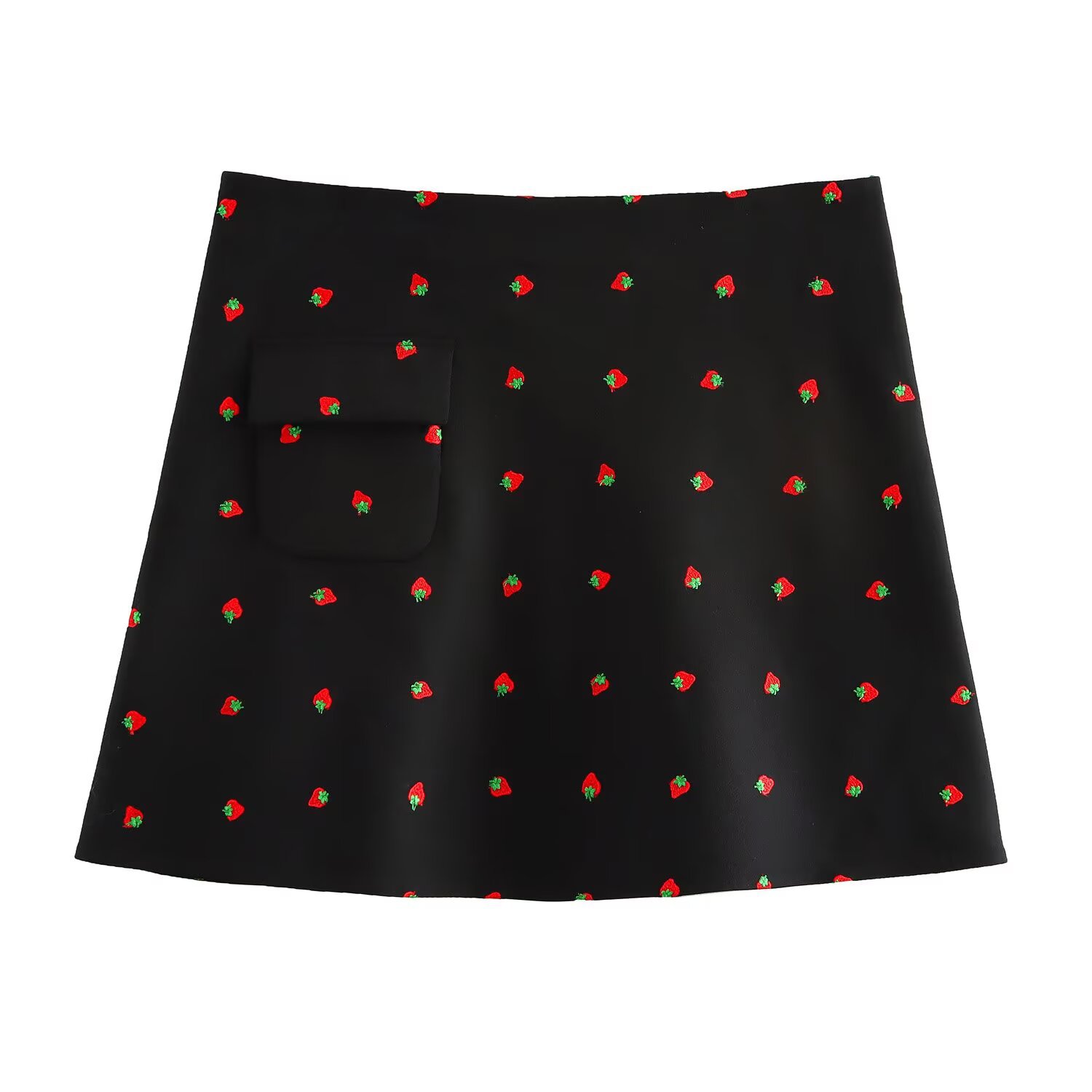 2025 Spring Casual Women's Strawberry Pattern Embroidered Pocket Decorated A-Line Skirt Mini Skirt