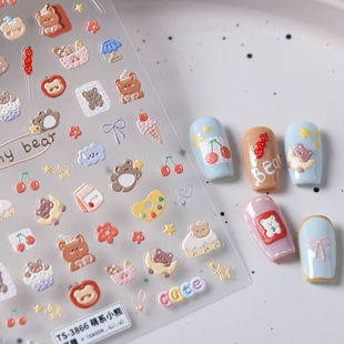 Sticker 2025 new cute bear cartoon cute nail art sticker relief mobile phone cup nail diy decoration