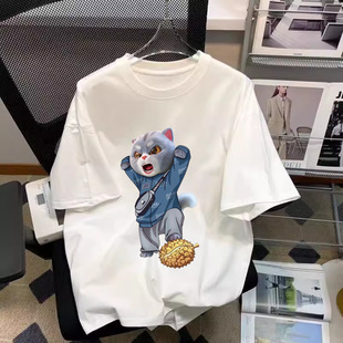 Cotton Women's Short-sleeved T-shirt Trendy Brand Internet Celebrity Loose Round Neck Trendy White Printed Top All-match Base Shirt